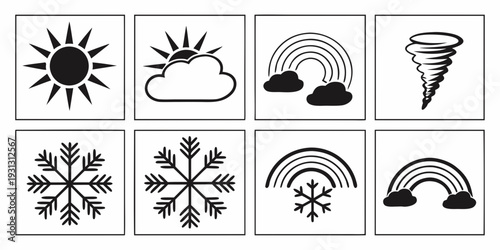 Diverse weather conditions depicted through various symbols and illustrations
