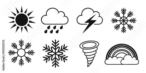 A collection of various weather icons representing different atmospheric conditions.