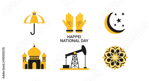 Six black and yellow icons for HAPPEI National Day