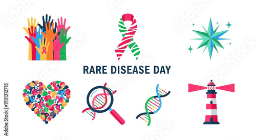 Graphic design for Rare Disease Day with six icons around central text