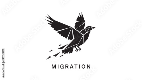 A stylized geometric illustration of a bird in mid-flight, composed of sharp lines and shapes, conveying a sense of freedom and movement, with the word 'MIGRATION' written below.