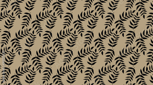 Graceful repeating pattern showcasing stylized botanical fronds, meticulously arranged for a seamless aesthetic. This naturalistic design features dark foliage on a warm, earthy background