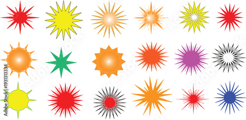Set of colorful sunburst and starburst vector shapes, vibrant geometric explosion elements for sales and promotions.