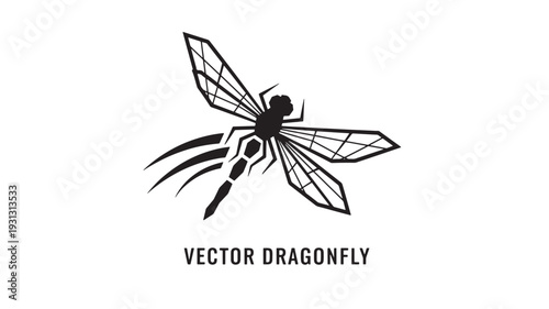 A sleek black and white vector illustration of a dragonfly in flight, with detailed wings and body, on a clean white background.