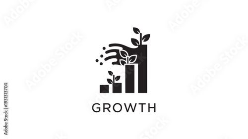 A black and white graphic depicting a bar chart with plants growing out of it, representing growth and success in business, on a clean white background with natural lighting and a hopeful mood.