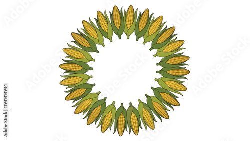 Round decorative wreath border is composed of multiple ears of corn on the cob with husks pointing outwards on white.