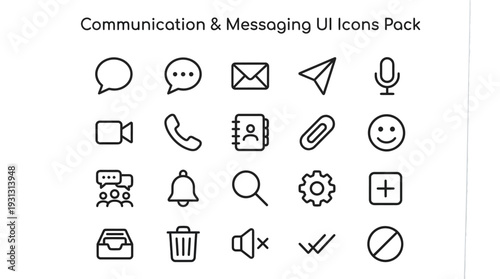 Clean minimal line art icons set representing various essential communication and messaging user interface elements