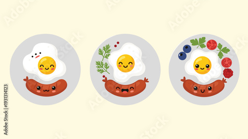 Three round plates presenting cute breakfast characters made of smiling fried eggs and sausages decorated with herbs, berries, and tomatoes.