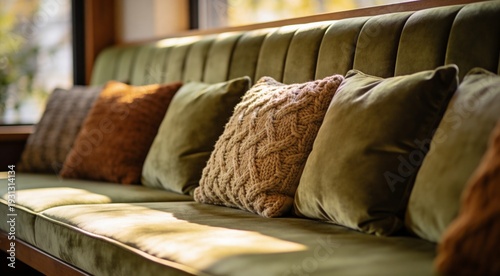 Empty Scene with Velvet Sage Green Cushions and Knitted Throw Pillows on a Cushioned Bench Seat with Shallow Depth of Field