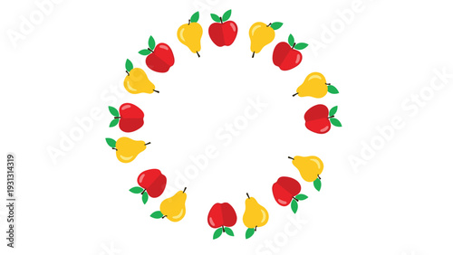 Circular border arrangement composed of alternating red apples and yellow pears with green leaves in a simple graphic style.