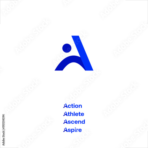 Minimalist letter A logo incorporating abstract human figure silhouette, flat vector design for corporate identity, sports, healthcare, education, and community branding. Clean, scalable, modern icon 