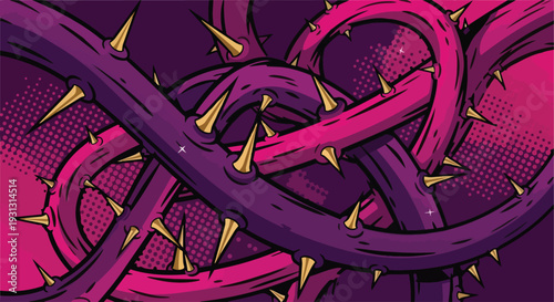 Barbed wire entwined with thorns in a complex knot, viewed closely against a purple background in an illustration.