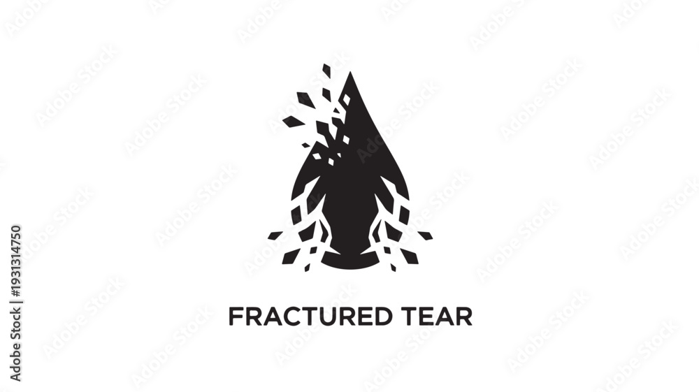 Obraz premium A striking black logo featuring a fractured tear drop with shattered pieces, conveying a sense of brokenness and emotional distress on a clean white background.
