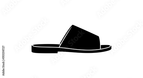 Clean black silhouette of a single slide sandal, representing comfortable summer footwear. A versatile minimalist graphic icon perfect for fashion and leisure-themed design projects
