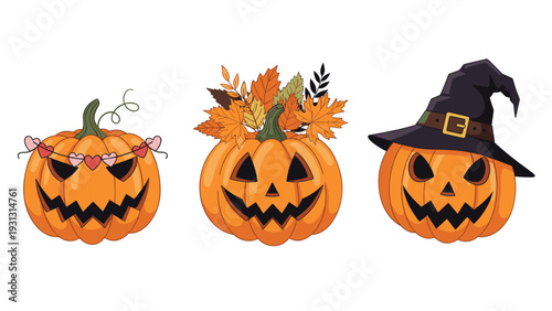 Trio of festive Halloween jack-o-lanterns decorated with heart garlands, colorful autumn leaves, and a classic witch hat.