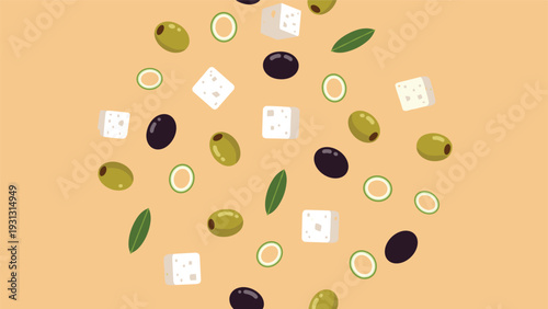 Dynamic composition of falling salad ingredients including green and black olives, feta cheese cubes, onion rings, and leaves.