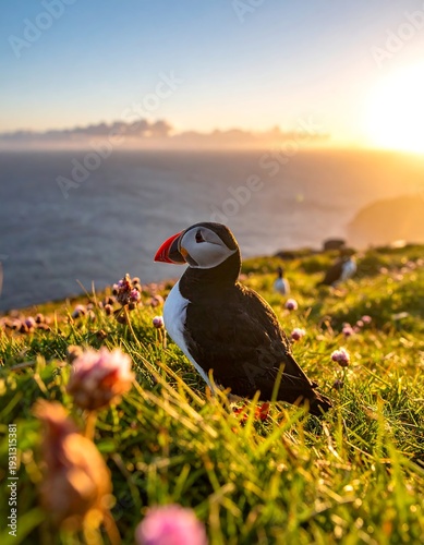 A puffin on a grassy cliffside with flowers
