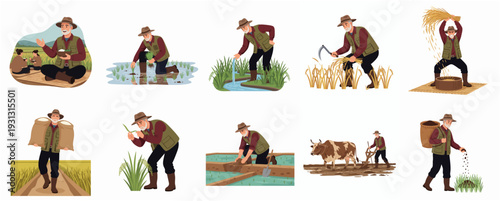 Detailed Flat Illustration Set of Farmer Activities in Rice Field and Farm