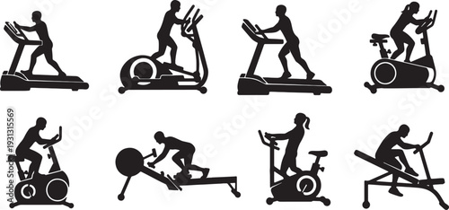 Silhouette of people exercising on various gym equipment in a fitness setting silhouette