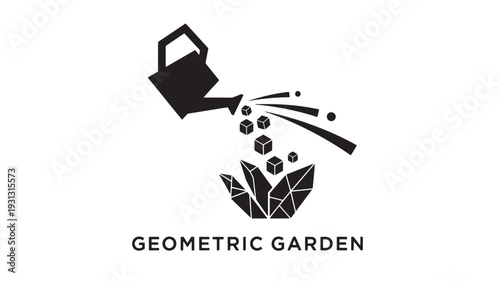 A black and white geometric logo featuring a watering can pouring water onto a plant with geometric leaves, set against a clean white background.