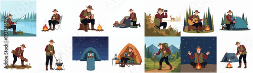 Pixelated Senior Man Outdoor Activities and Camping Adventure Pixel Art Set