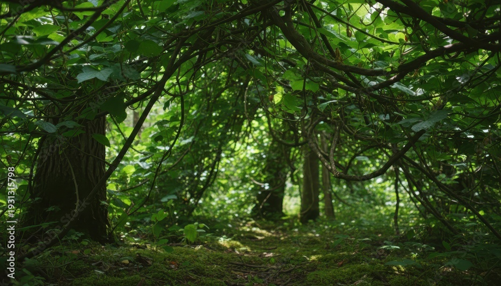 Obraz premium Dense Intertwined Vines and Lush Green Foliage Creating a Natural Forest Canopy