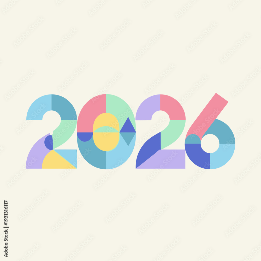 Fototapeta premium Vibrant geometric 2026 numerals in cheerful pastel tones symbolize future, progress, and new beginnings for modern celebrations