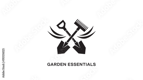 A black and white logo featuring a shovel and rake crossed over each other with the text 'GARDEN ESSENTIALS' below, symbolizing gardening and outdoor work.
