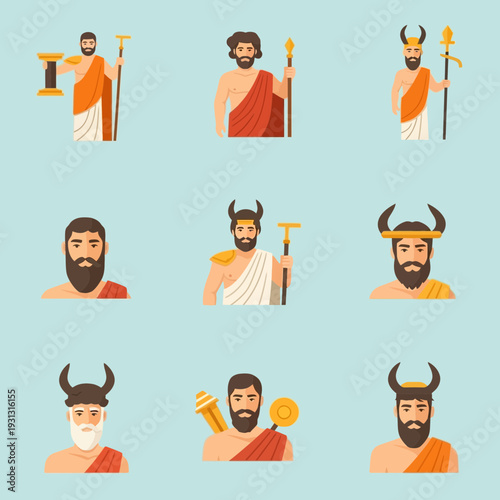 Ancient Greek gods and heroes icons for mythology projects and historical designs, offering a classic and timeless aesthetic for educational and cultural content.
