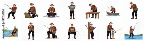 Collection of Flat Style Fisherman Activity Illustration on White Background