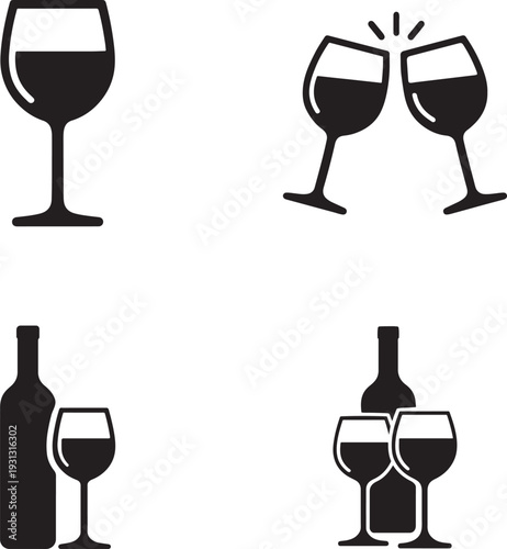 Wine glasses and bottles icon set with clinking toast pictogram isolated.