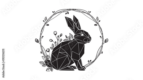 A geometric black rabbit sits in a circular wreath of green leaves on a white background, creating a striking contrast with its polygonal design.