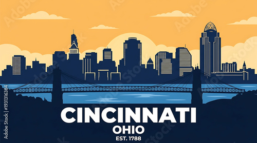 Vibrant Cincinnati Ohio cityscape with iconic bridge at sunset