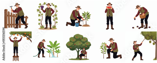 Cartoon Style Farmer Character Engaged in Various Agricultural Activities Illustration