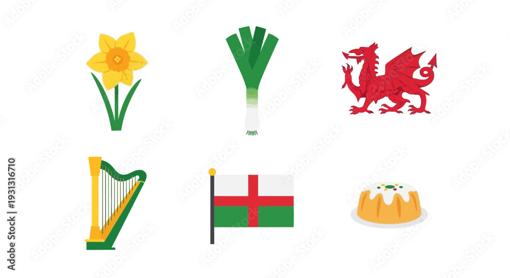 Εκτύπωση καμβά Six icons representing symbols of BritishWelsh culture flower vegetable dragon h