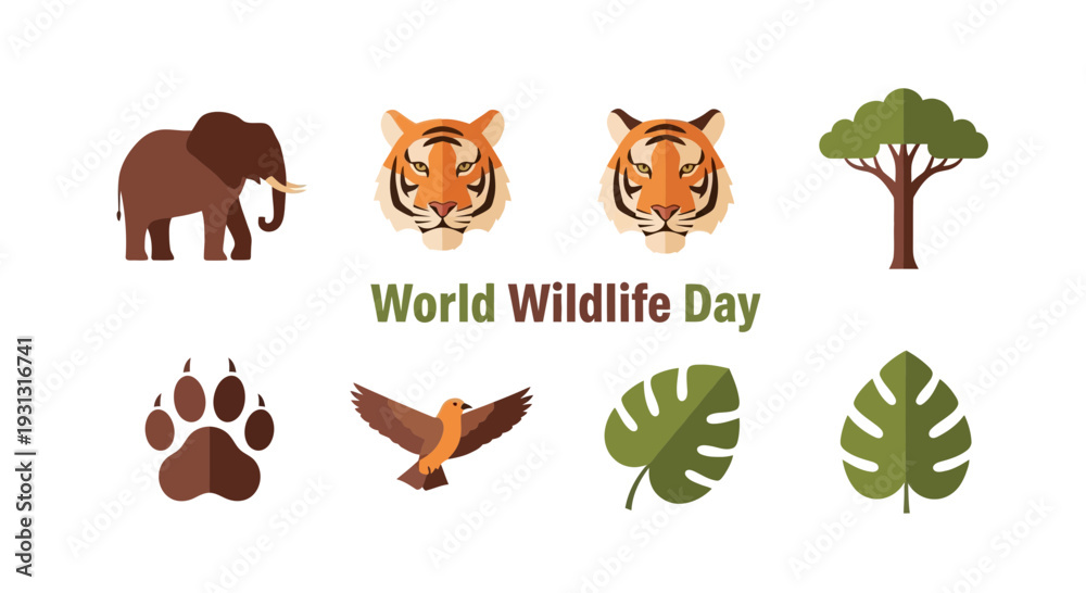 Fototapeta premium Flat design icons for World Wildlife Day featuring animals plants and a paw print
