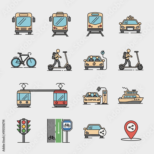 Dynamic transport and urban mobility icons showcasing diverse travel options for modern city living and eco-friendly commuting solutions