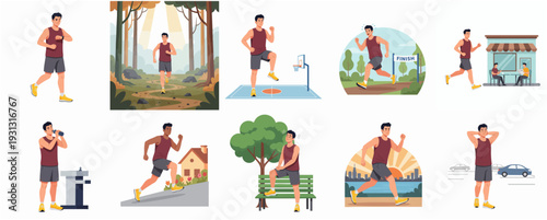 Flat Character Running Man in Different Outdoor Location Illustration Set