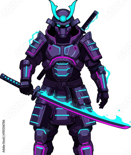 A futuristic neon-lit samurai warrior stands confidently holding a glowing sword in a dark cyberpunk environment from a straight-on viewpoint.