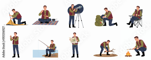Flat Style Diverse Activity of Man Doing Outdoor Leisure Activity Illustration