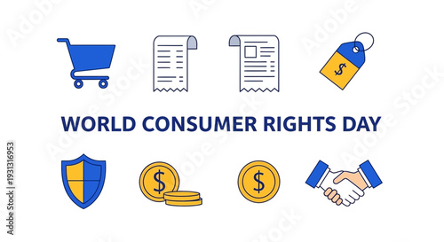 Blue and yellow icons for World Consumer Rights Day on a white background
