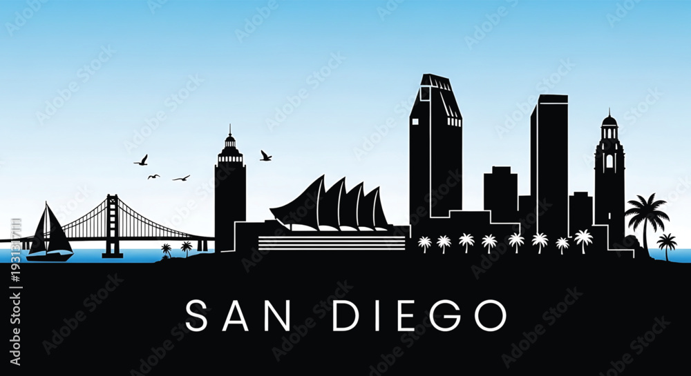Fototapeta premium San Diego cityscape with iconic landmarks and palm trees