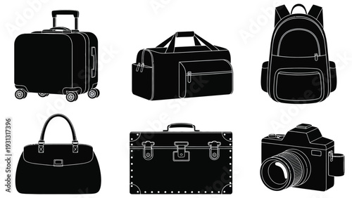 Travel Bags Silhouettes, professional vector pack showing a collection of luggage types including backpacks, duffel bags, suitcases, totes, trunks, and camera bags, isolated vector illustrations 