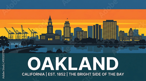 Vibrant Oakland California cityscape at sunset with bay
