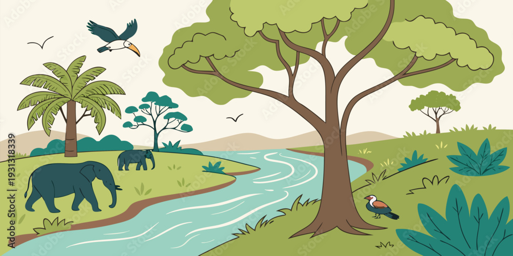 Fototapeta premium Two elephants graze near a winding river under a large tree canopy featuring a toucan and smaller birds flying overhead.