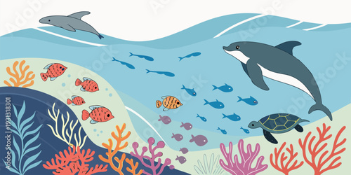 Dolphins swim above colorful coral reefs alongside sea turtles and schools of small fish in clear blue ocean water.
