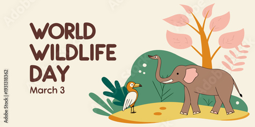 An elephant stands next to a small bird with its trunk raised near a stylized tree during a World Wildlife Day event graphic.