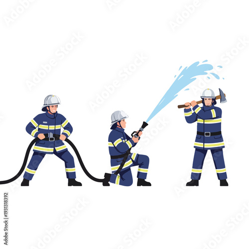 Firefighters working with hoses and axe