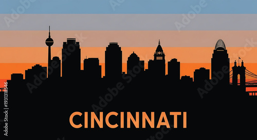 Cincinnati city skyline at sunset with iconic buildings