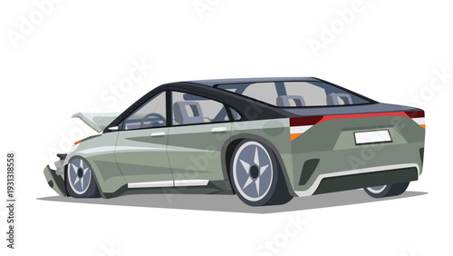 Separate layer of damage sedan car green color. Car front bumper was damaged. The front wheel came off and the tire was flat. Show inside car. On isolated white background.